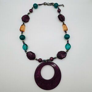 Chunky Necklace Purple Teal Plum Beaded Statement Necklace 18”